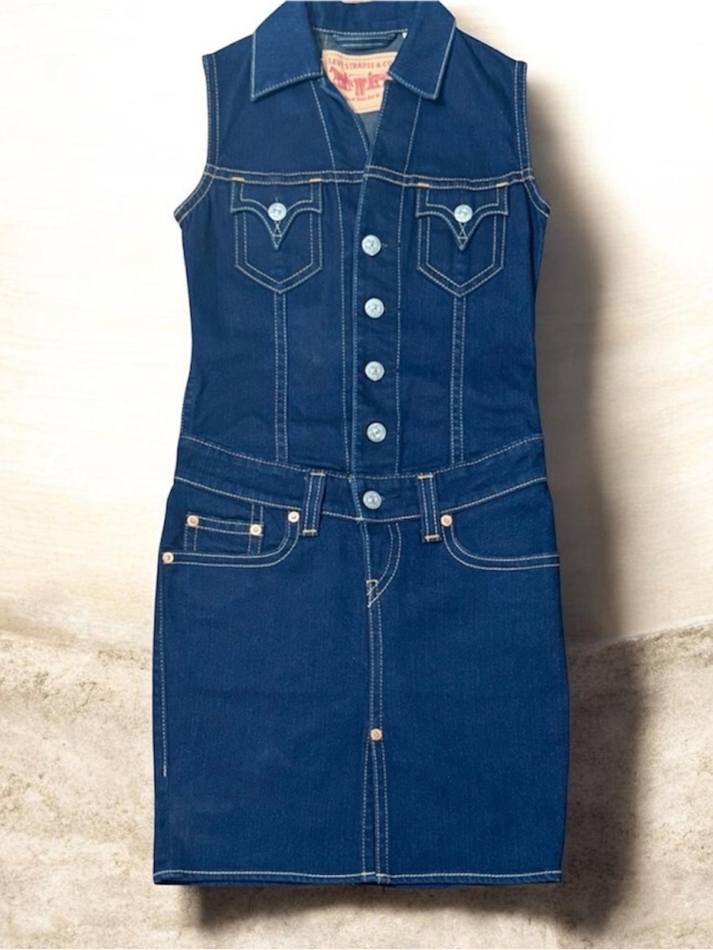 Levi’s Type 1 Jean Dress Sleeveless Dark Blue Denim Dress - Classic Button-Front - Picture 2 of 6